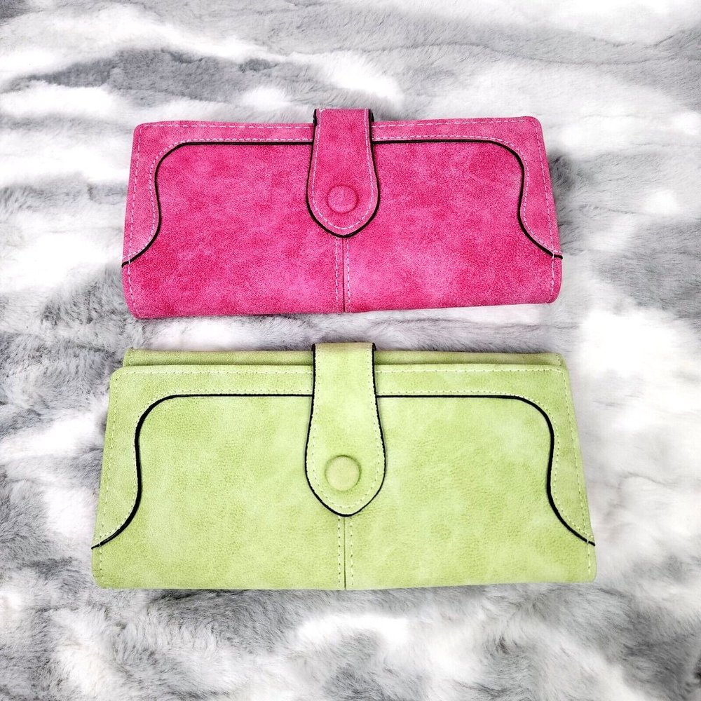Lot of 2 Pink & Green Wallets w/ Snap Zippered Pocket & Credit Card Slots - NWOT